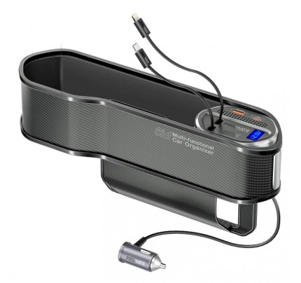 PROMATE 65W Multi-Functional car organizer charging station with USB-C & LIGHTING retractable cabels BLACK (10669)