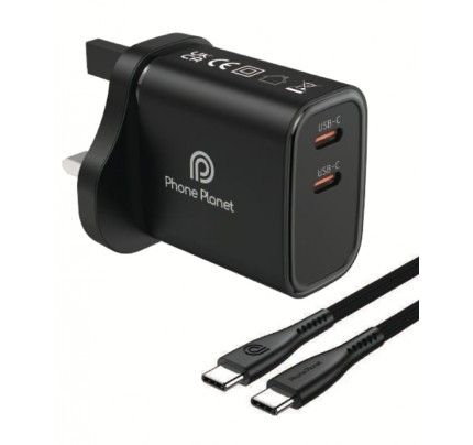 NEW PHONE PLANET WALLCHARGER WITH TYPE C TO C CABLE 2 TYPE C  PORTS 20W(11226)
