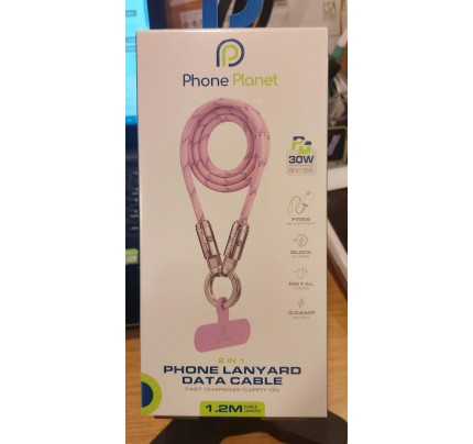 NEW Phone planet phone lanyard data cable c to lightning 1.2m 30w pink (11273)