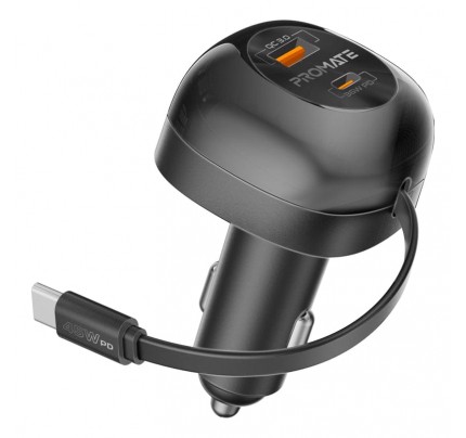 PROMATE Multi-port car charger retractable USB-C Cable -62w(106114)