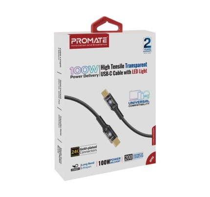 PROMATE High Tensile Transparent USB-C Cable with LED Light 100w pd 1m black(106101)