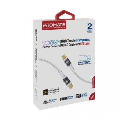 PROMATE High Tensile Transparent USB-C Cable with LED Light 100w pd 1m white(106102)